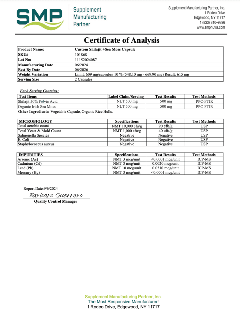 shilajit seamoss Certificate of Analysis
