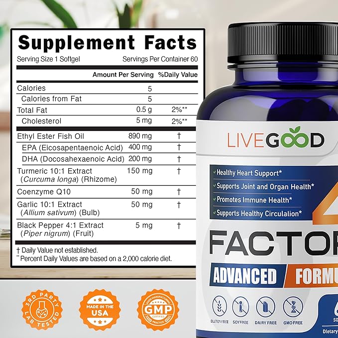 Factor 4, Omega 3 Fish Oil with EPA & DHA, CoQ10, and Turmeric, Advanced Q10 Coenzyme & CoQ10 Supplements, DHA Supplements for Heart, Joint & Immune Support, Made in USA, 60 Count