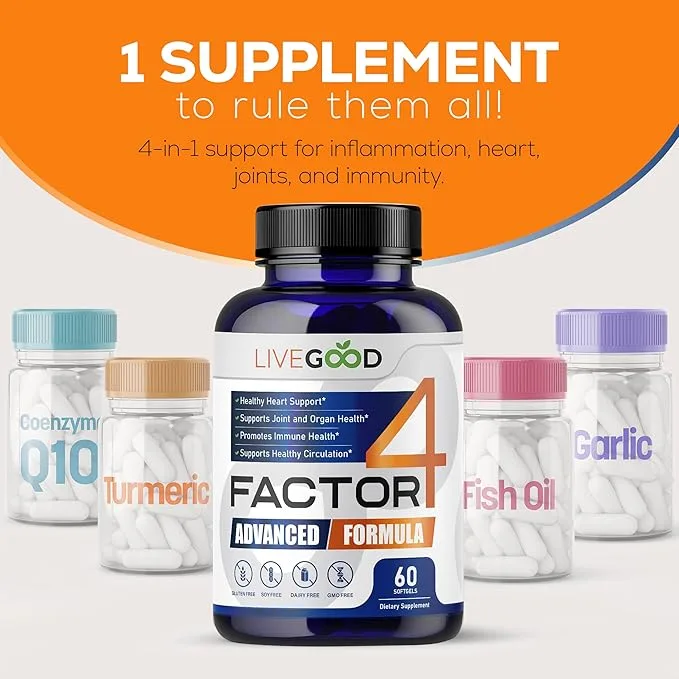 Factor 4, Omega 3 Fish Oil with EPA & DHA, CoQ10, and Turmeric, Advanced Q10 Coenzyme & CoQ10 Supplements, DHA Supplements for Heart, Joint & Immune Support, Made in USA, 60 Count