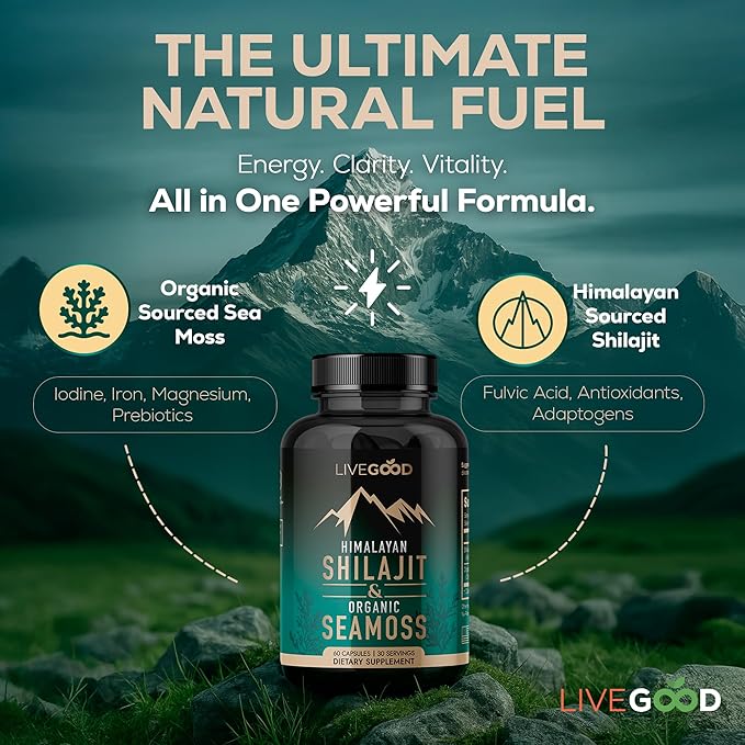 LIVEGOOD Himalayan Shilajit and Organic Sea Moss Capsules, Fulvic Acid Organic, Sea Moss and Shilajit Combo for Energy, Wellness and Vitality Support, Supports Focus and Mental Clarity (60 Count)