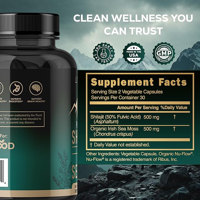 LIVEGOOD Himalayan Shilajit and Organic Sea Moss Capsules, Fulvic Acid Organic, Sea Moss and Shilajit Combo for Energy, Wellness and Vitality Support, Supports Focus and Mental Clarity (60 Count)