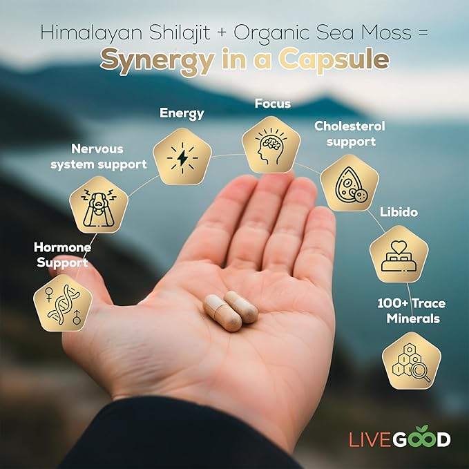 LIVEGOOD Himalayan Shilajit and Organic Sea Moss Capsules, Fulvic Acid Organic, Sea Moss and Shilajit Combo for Energy, Wellness and Vitality Support, Supports Focus and Mental Clarity (60 Count)