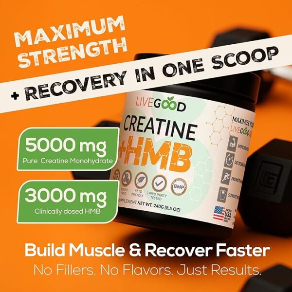 LIVEGOOD Creatine Monohydrate with HMB for Lean Muscle Growth & Recovery – HMB Creatine Powder for Men and Women – Unflavored Creatine, 30 Servings