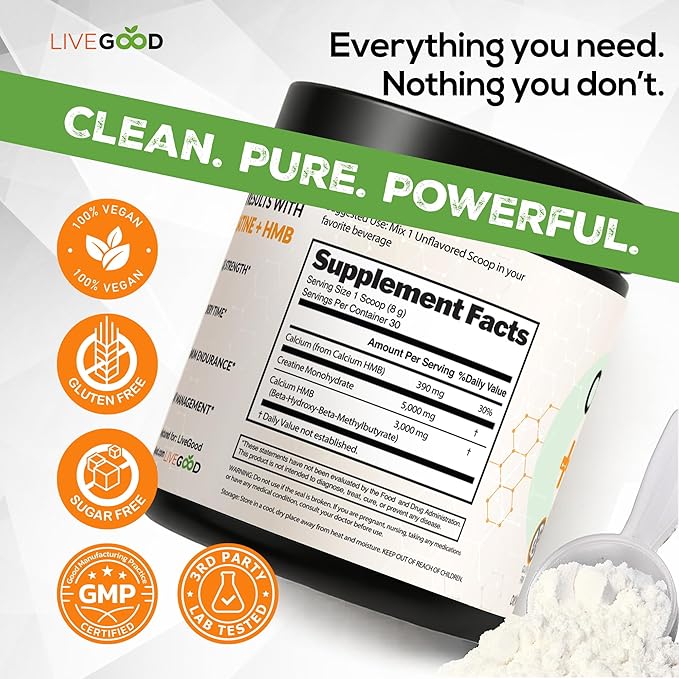 LIVEGOOD Creatine + HMB Powder, Unflavored Organic Creatine Monohydrate for Strength, Recovery, Brain Function & Muscle Growth, HMB Supplement, Built on Clean Ingredients – 30 Servings