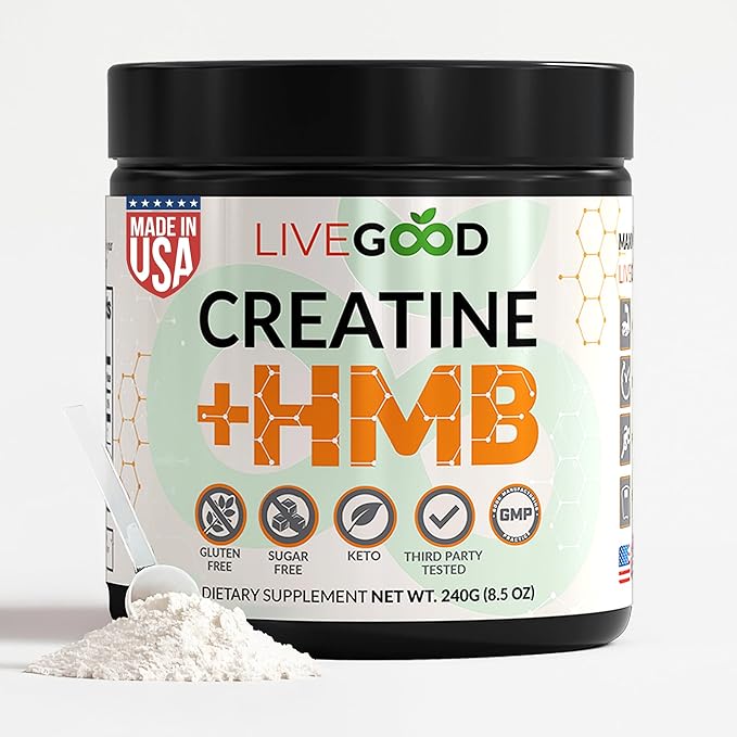 LIVEGOOD Creatine + HMB Powder, Unflavored Organic Creatine Monohydrate for Strength, Recovery, Brain Function & Muscle Growth, HMB Supplement, Built on Clean Ingredients – 30 Servings