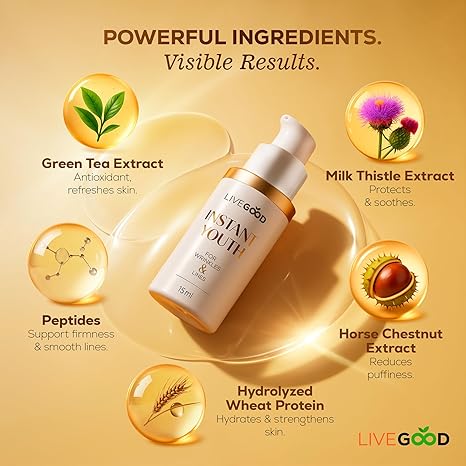 LIVEGOOD Instant Youth, Wrinkle Reducer – Rapid Action Eye Cream for Fine Lines, Puffiness & Under-Eye Bags, Lightweight Anti-Aging Formula, Smoother Appearance, 15ml Bottle