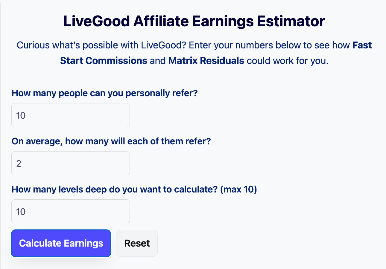 LiveGood Affiliate Calculator – See Your Earning Potential