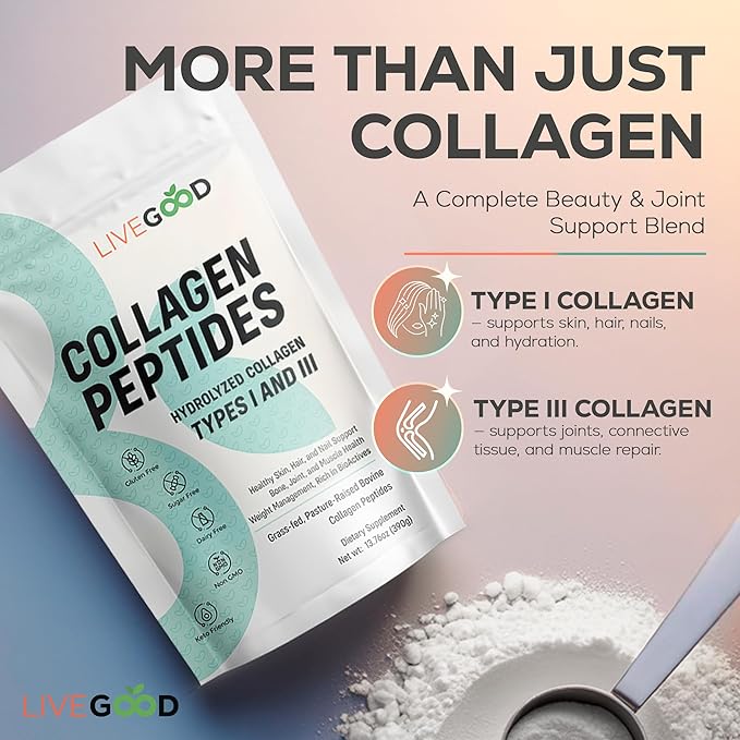 LiveGood Collagen Peptides Powder with Hyaluronic Acid, Hydrolyzed Collagen Type 1 & 3 Protein Supplement for Healthy Skin, Nails, Bones & Joints, Unflavored, 30 Servings