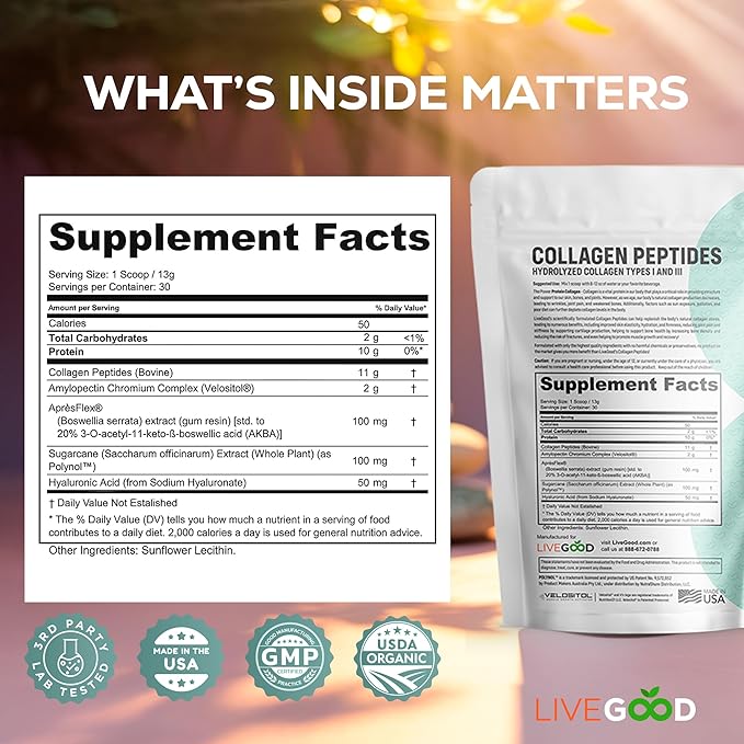 LiveGood Collagen Peptides Powder with Hyaluronic Acid, Hydrolyzed Collagen Type 1 & 3 Protein Supplement for Healthy Skin, Nails, Bones & Joints, Unflavored, 30 Servings