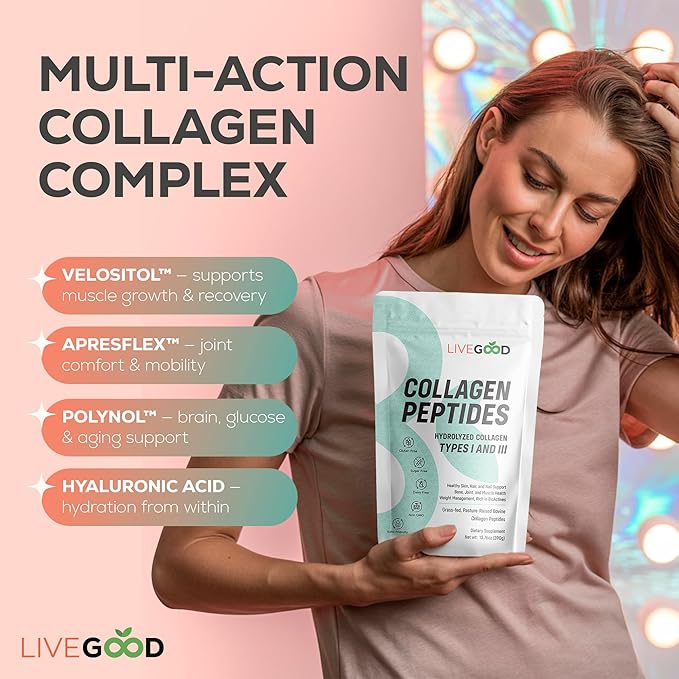 LiveGood Collagen Peptides Powder with Hyaluronic Acid, Hydrolyzed Collagen Type 1 & 3 Protein Supplement for Healthy Skin, Nails, Bones & Joints, Unflavored, 30 Servings