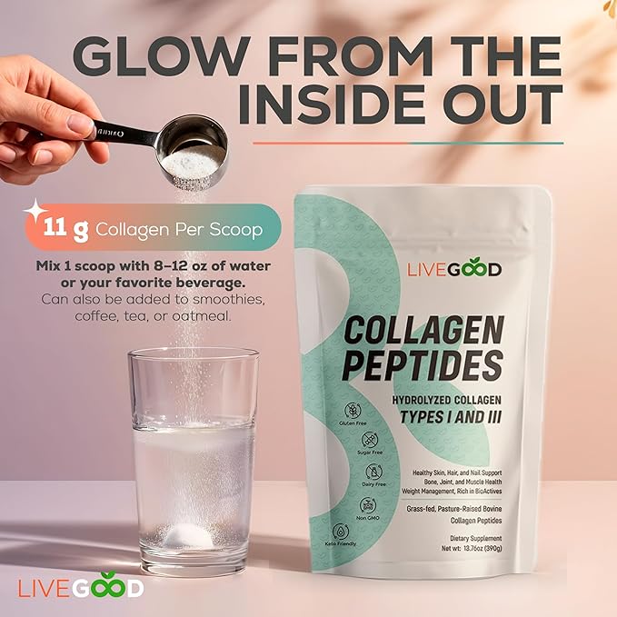 LiveGood Collagen Peptides Powder with Hyaluronic Acid, Hydrolyzed Collagen Type 1 & 3 Protein Supplement for Healthy Skin, Nails, Bones & Joints, Unflavored, 30 Servings