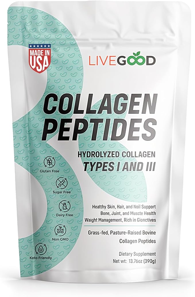 LiveGood Collagen Peptides Powder with Hyaluronic Acid, Hydrolyzed Collagen Type 1 & 3 Protein Supplement for Healthy Skin, Nails, Bones & Joints, Unflavored, 30 Servings