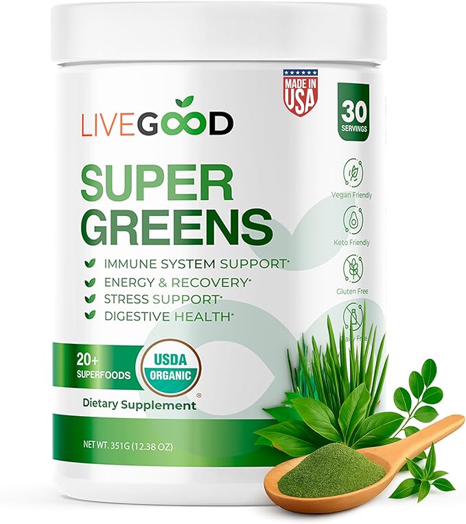 LiveGood Super Greens Powder Organic Superfood with Wheat Grass Powder, Daily Superfood Powder for Immune Support, Energy and Detox, Green Juice Powder Supplement
