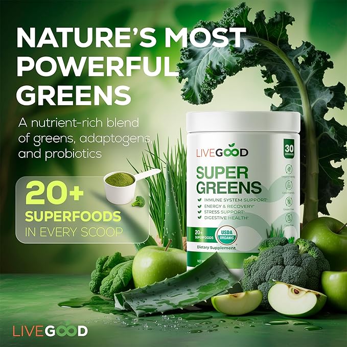 LiveGood Super Greens Powder Organic Superfood with Wheat Grass Powder, Daily Superfood Powder for Immune Support, Energy and Detox, Green Juice Powder Supplement