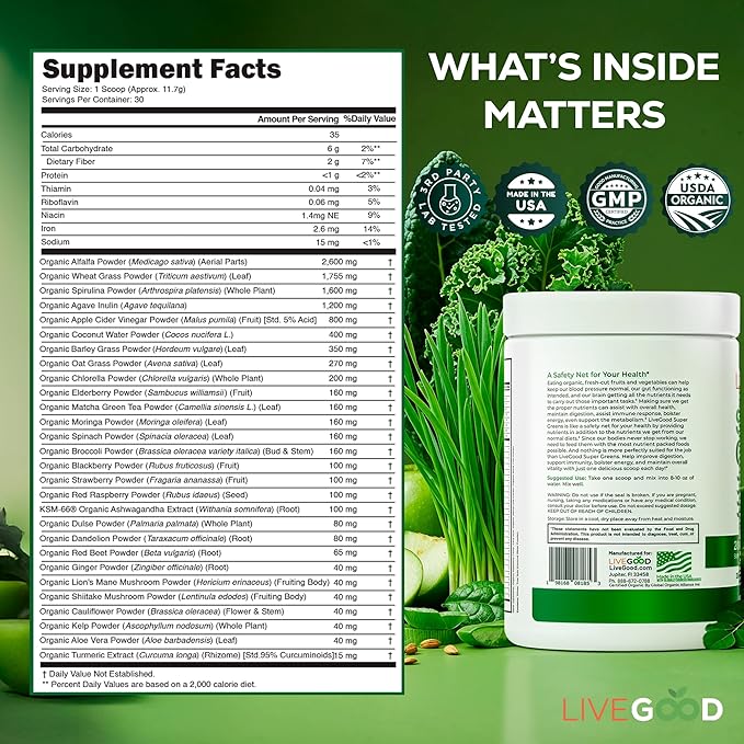LiveGood Super Greens Powder Organic Superfood with Wheat Grass Powder, Daily Superfood Powder for Immune Support, Energy and Detox, Green Juice Powder Supplement