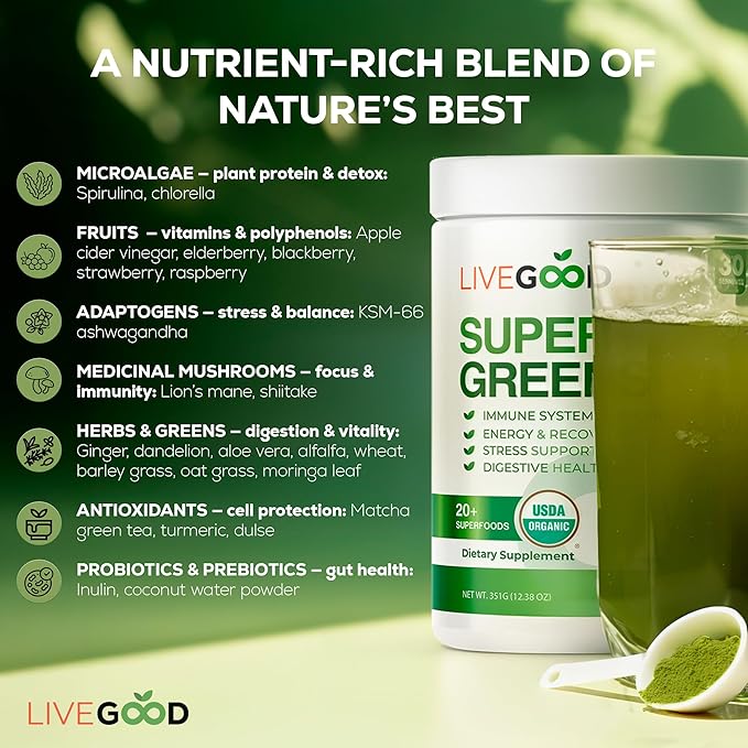 LiveGood Super Greens Powder Organic Superfood with Wheat Grass Powder, Daily Superfood Powder for Immune Support, Energy and Detox, Green Juice Powder Supplement