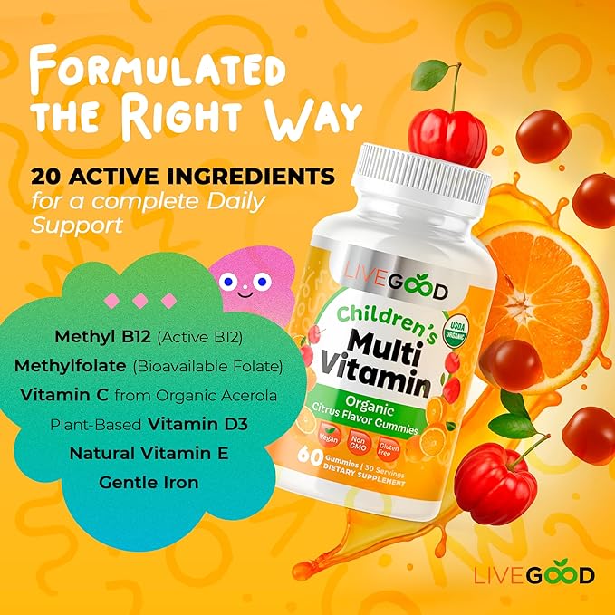 Organic Childrens Multivitamin Gummies, Chewable Daily Supplement with Vitamin C & Zinc for Kids, Citrus Flavor, 60 Gummies