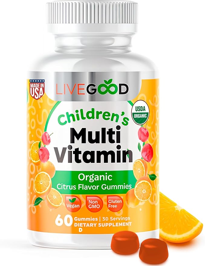 Organic Childrens Multivitamin Gummies, Chewable Daily Supplement with Vitamin C & Zinc for Kids, Citrus Flavor, 60 Gummies