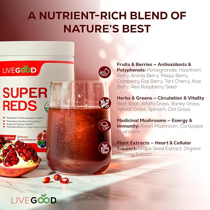 Organic Super Reds with Alfalfa, Barley Grass, Beet Root, Pomegranate, Grape Seed, Vegan, Gluten Free