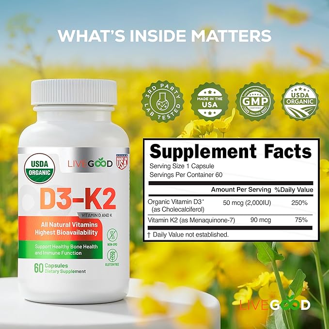 Vitamin D3 + K2 All Natural Bone, Muscle & Immune System Support, Vegan & Non-GMO, 60 Capsules