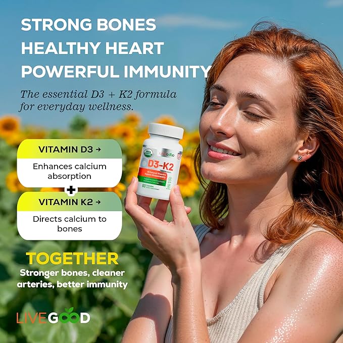 Vitamin D3 + K2 All Natural Bone, Muscle & Immune System Support, Vegan & Non-GMO, 60 Capsules