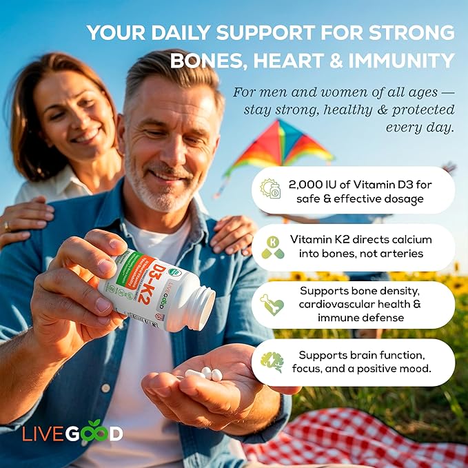 Vitamin D3 + K2 All Natural Bone, Muscle & Immune System Support, Vegan & Non-GMO, 60 Capsules