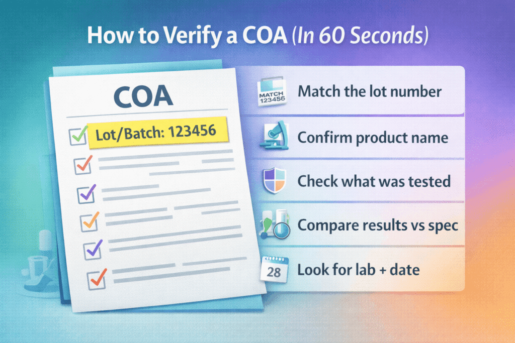 Checklist showing how to verify a COA by matching lot number and reviewing test results