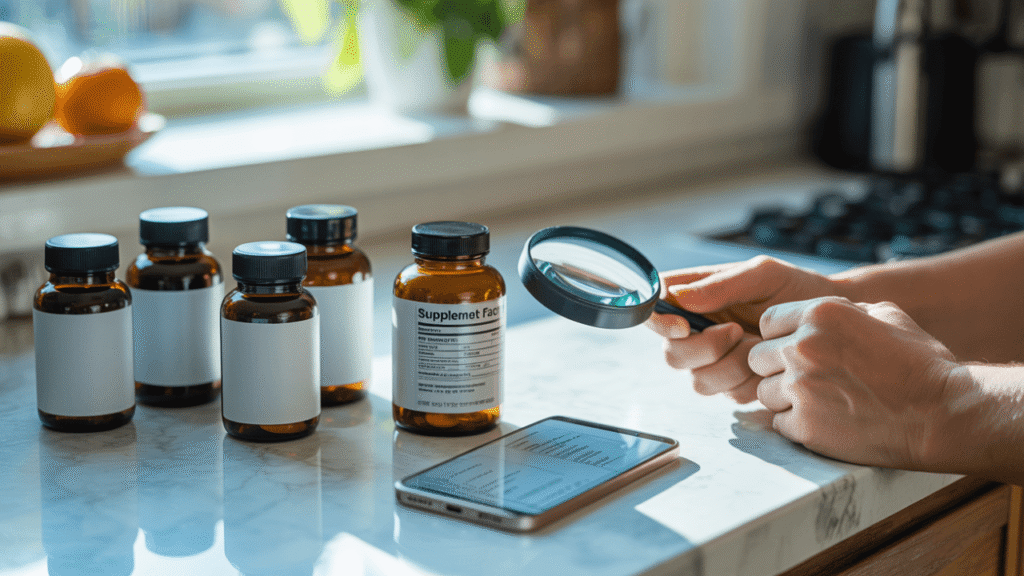 Close-up of supplement ingredient list highlighting transparency and testing concerns