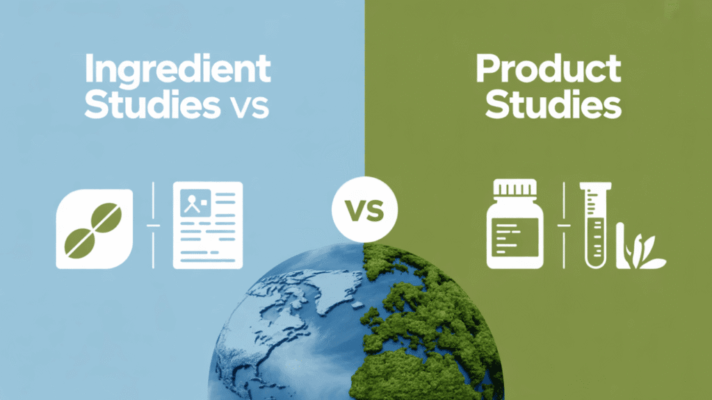 Comparison graphic showing the difference between ingredient studies and finished supplement product studies