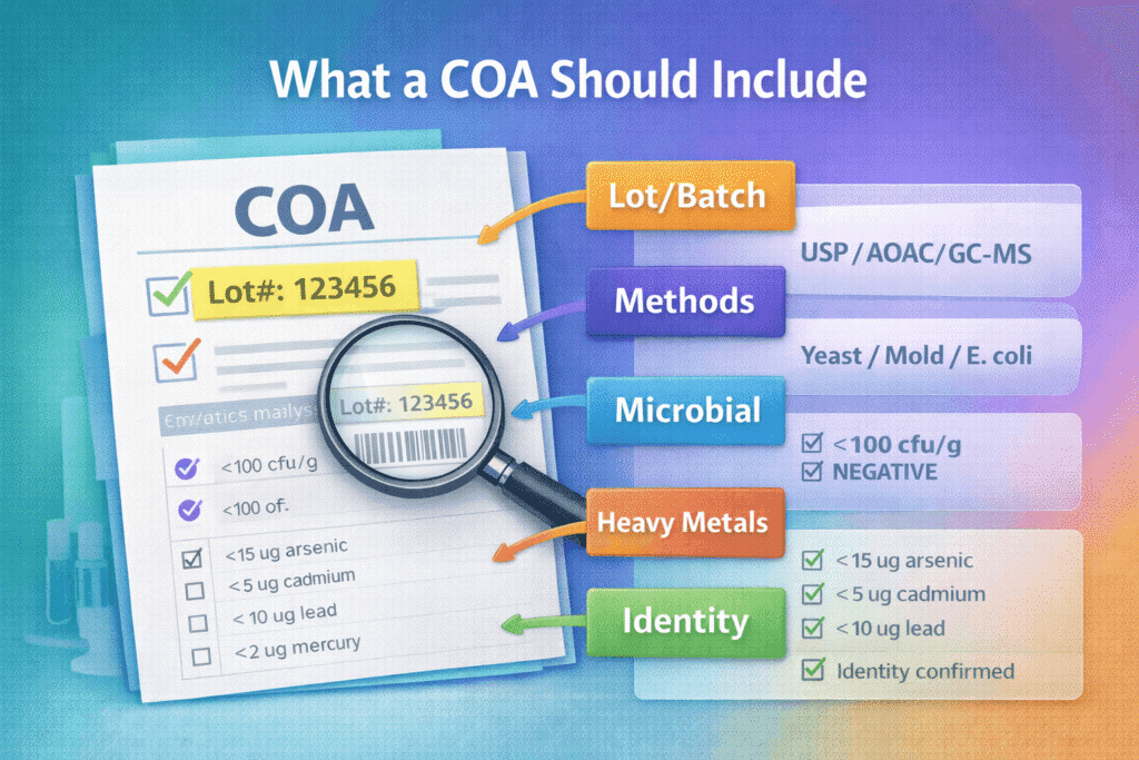 Diagram highlighting key sections on a certificate of analysis including lot number and contaminant testing