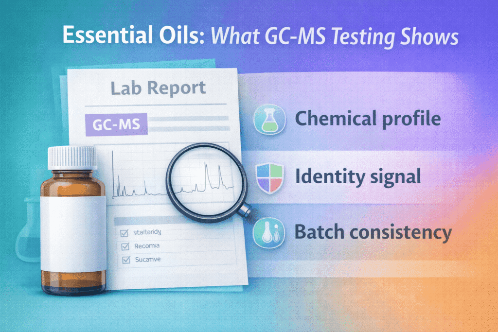 GC-MS report graphic showing essential oil testing for identity and composition