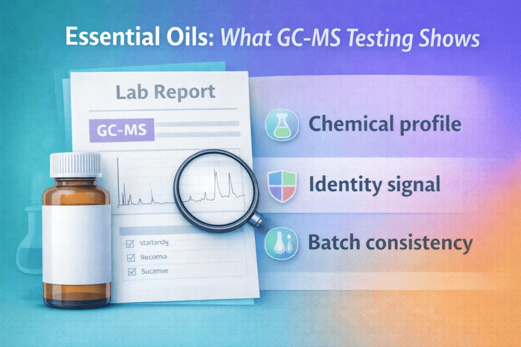 GC-MS report graphic showing essential oil testing for identity and composition