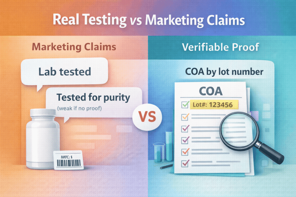 Graphic comparing lab tested claims versus COA lot-number verification for supplements