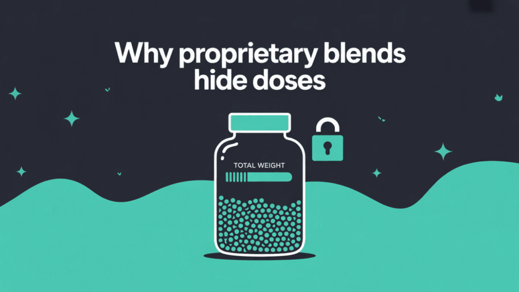 Graphic showing how proprietary blends can hide individual ingredient doses in supplements