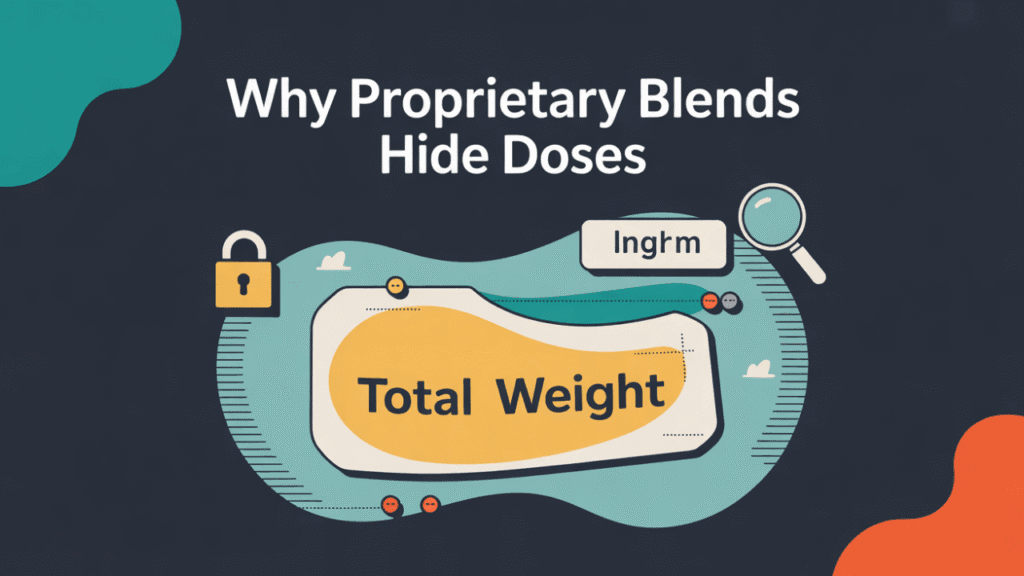 Infographic showing how proprietary blends can hide individual ingredient doses in supplements