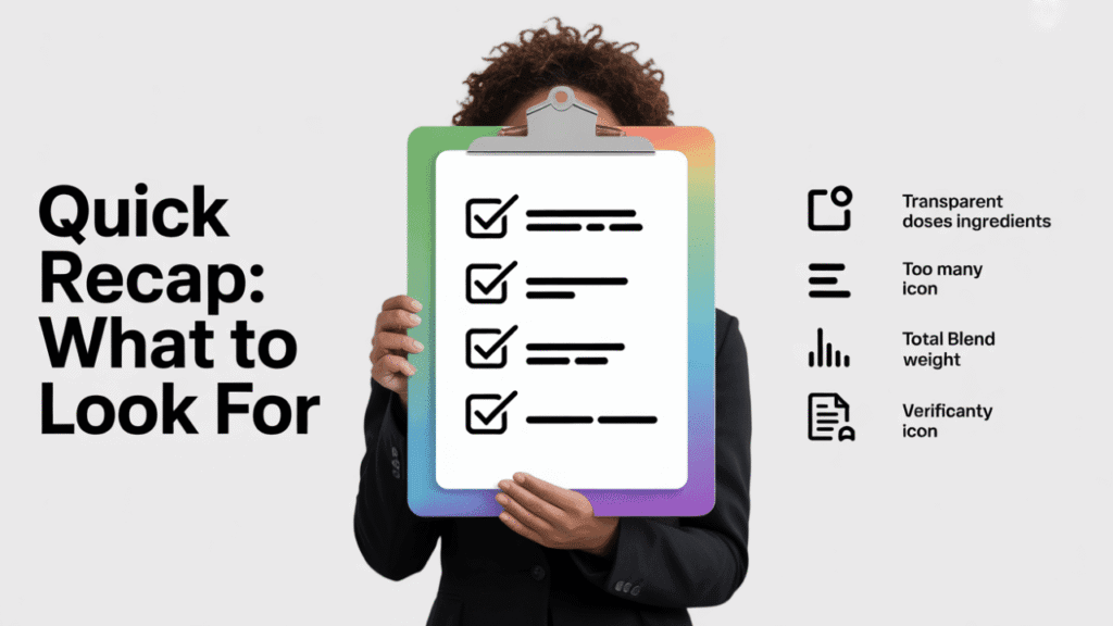 Quick recap checklist graphic for evaluating proprietary blends on supplement labels