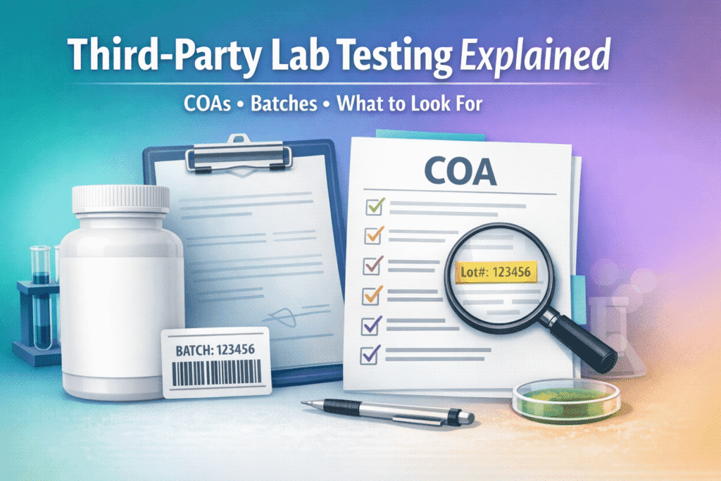 Third-party lab testing explained with COA document and supplement batch number graphic