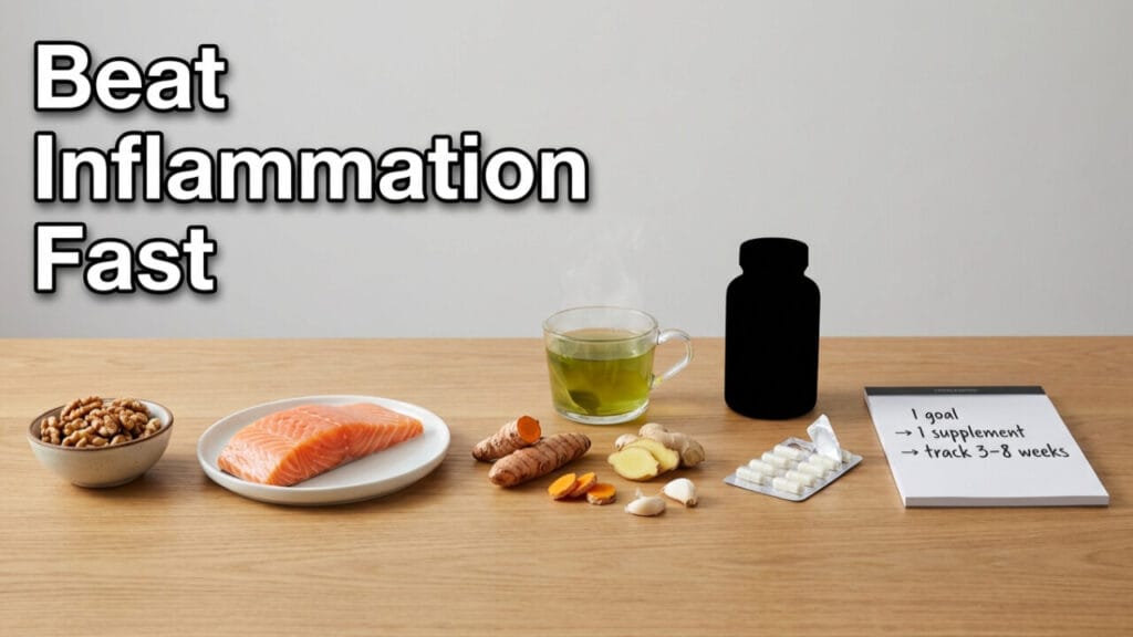 Inflammation support supplements guide showing omega-3, turmeric, ginger, probiotics, and a simple tracking plan