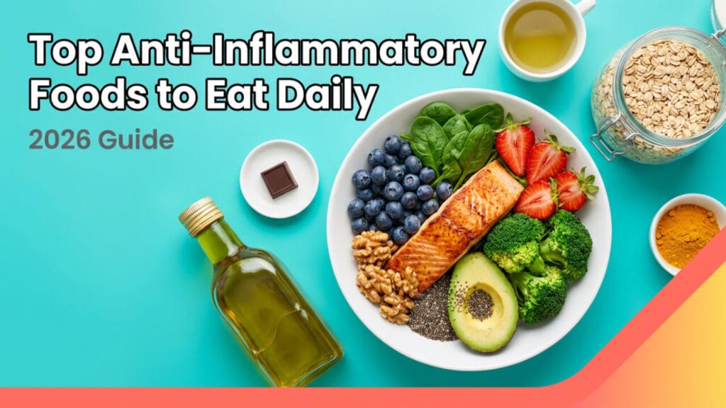 Colorful anti-inflammatory foods on a teal background: salmon, berries, leafy greens, olive oil, nuts, seeds, oats, ginger, turmeric, green tea.
