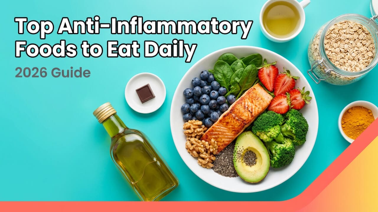 Bright flat-lay of colorful anti-inflammatory foods with a 2026 headline banner