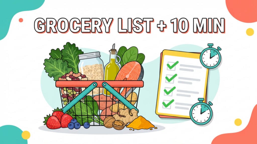 Bright grocery basket graphic with anti-inflammatory staples and a simple prep checklist