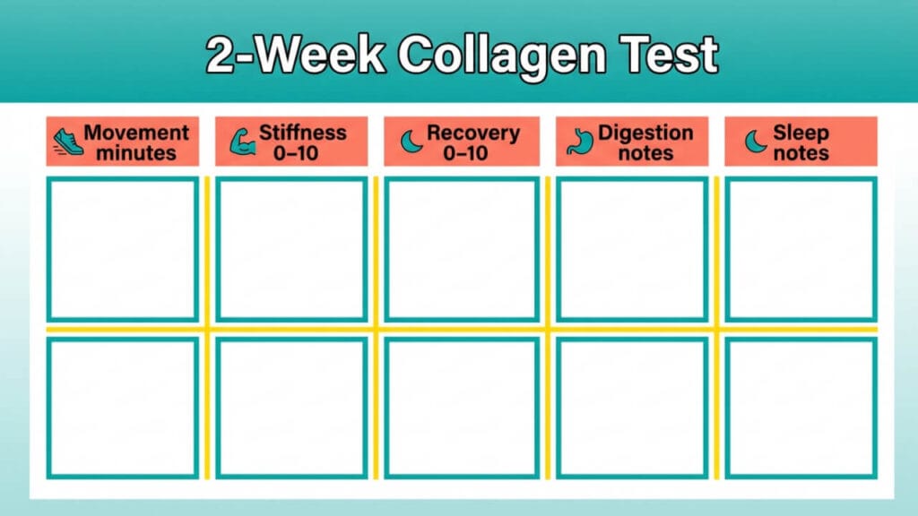 Bright weekly tracker chart for a 2-week collagen test with columns for movement, recovery, digestion, and sleep.