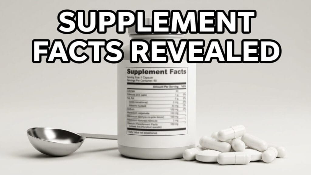 Close-up of a supplement facts label and capsules, illustrating how to compare vitamins.