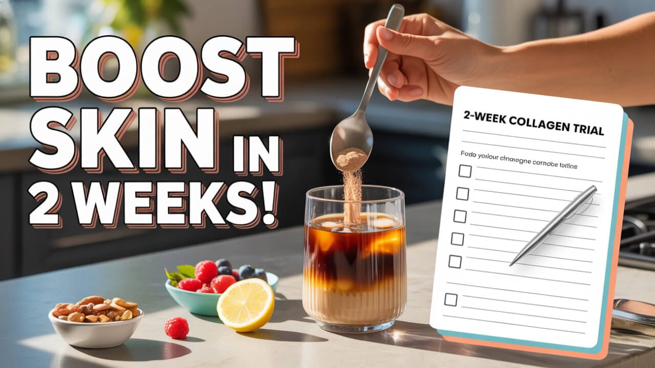 Collagen powder being stirred into iced coffee beside a colorful notebook checklist for a 2-week trial.