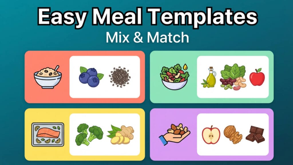 Colorful grid showing breakfast, lunch, dinner, snack template ideas