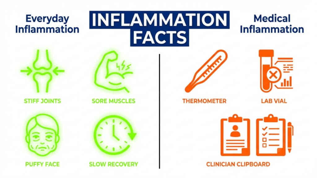 Colorful split-screen diagram showing everyday ‘inflammation’ feelings (stiffness, soreness, puffiness) versus medical inflammation terminology.