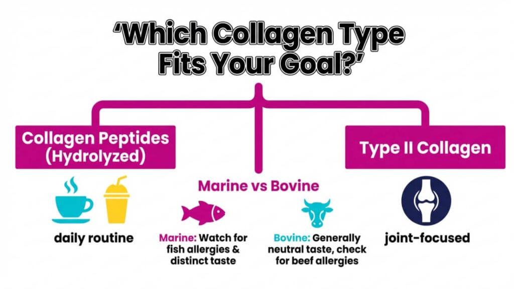 Decision tree showing collagen choices-peptides vs type II, and marine vs bovine, based on goal and tolerance.