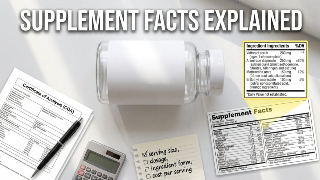 Supplement education guide image showing unbranded supplement labels, dosage notes, and a COA document for label comparison