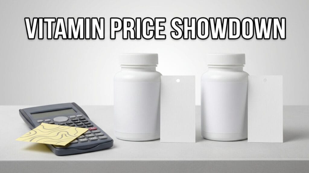 Two similar vitamin bottles with different price tags, illustrating cost comparison.