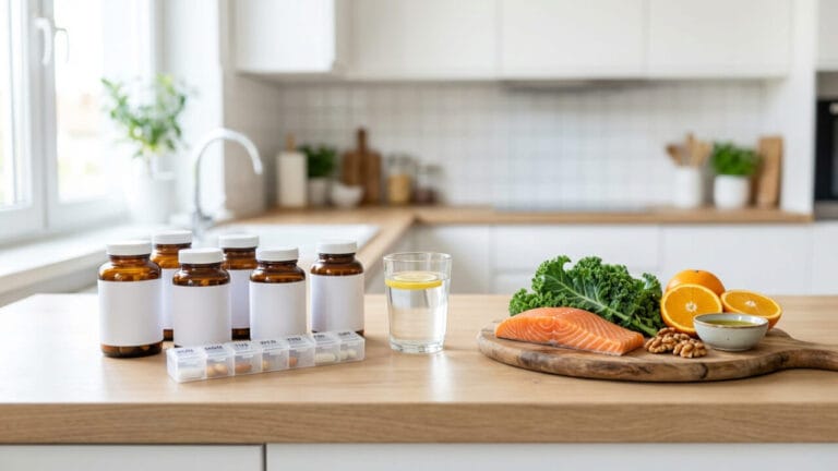 Vitamins and whole foods on a clean kitchen counter, representing an inflammation-support routine.